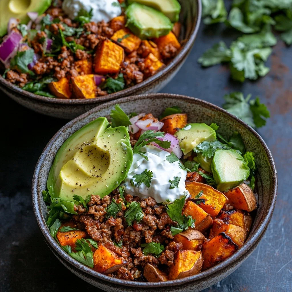 Colorful sweet potato taco bowl with fresh vegetables and toppings