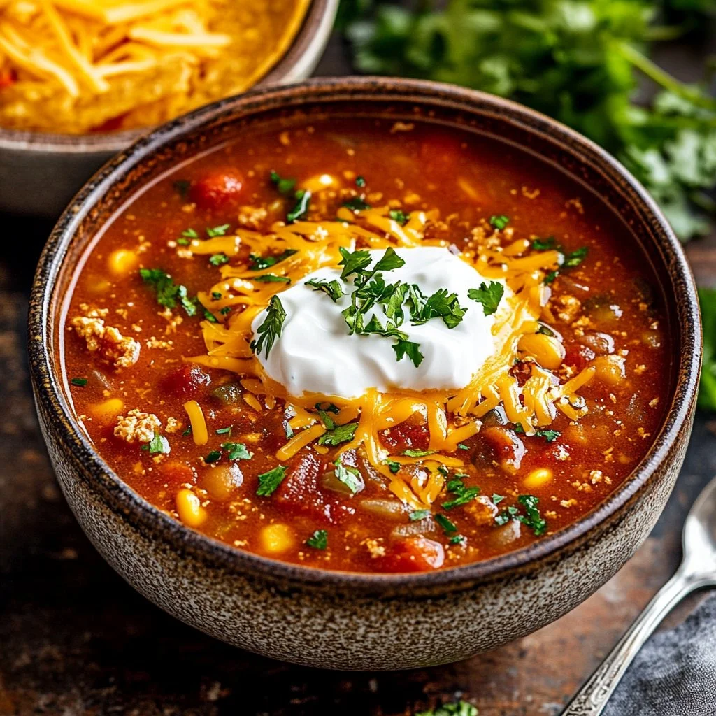 Delicious homemade Taco Soup served in a bowl with fresh toppings.