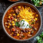 Delicious bowl of Taco Soup with toppings like cheese and cilantro