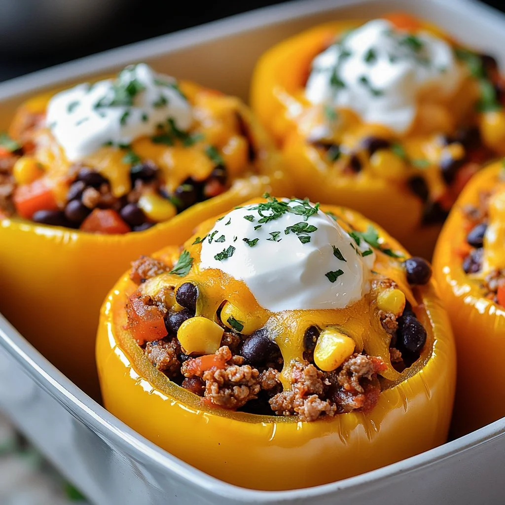 Taco Stuffed Peppers filled with seasoned meat, cheese, and fresh vegetables