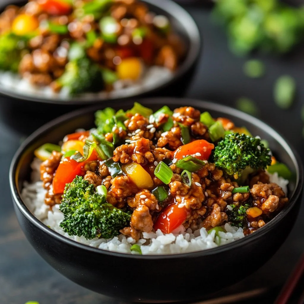 Delicious teriyaki turkey rice bowl with colorful vegetables and sauce