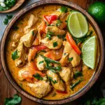 Thai coconut chicken dish served with fresh herbs and vegetables