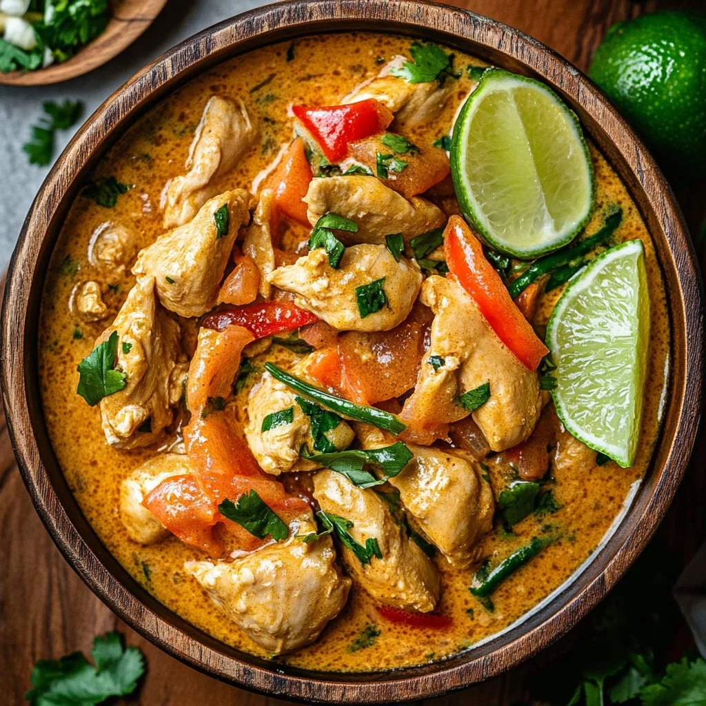 Thai coconut chicken dish served with fresh herbs and vegetables