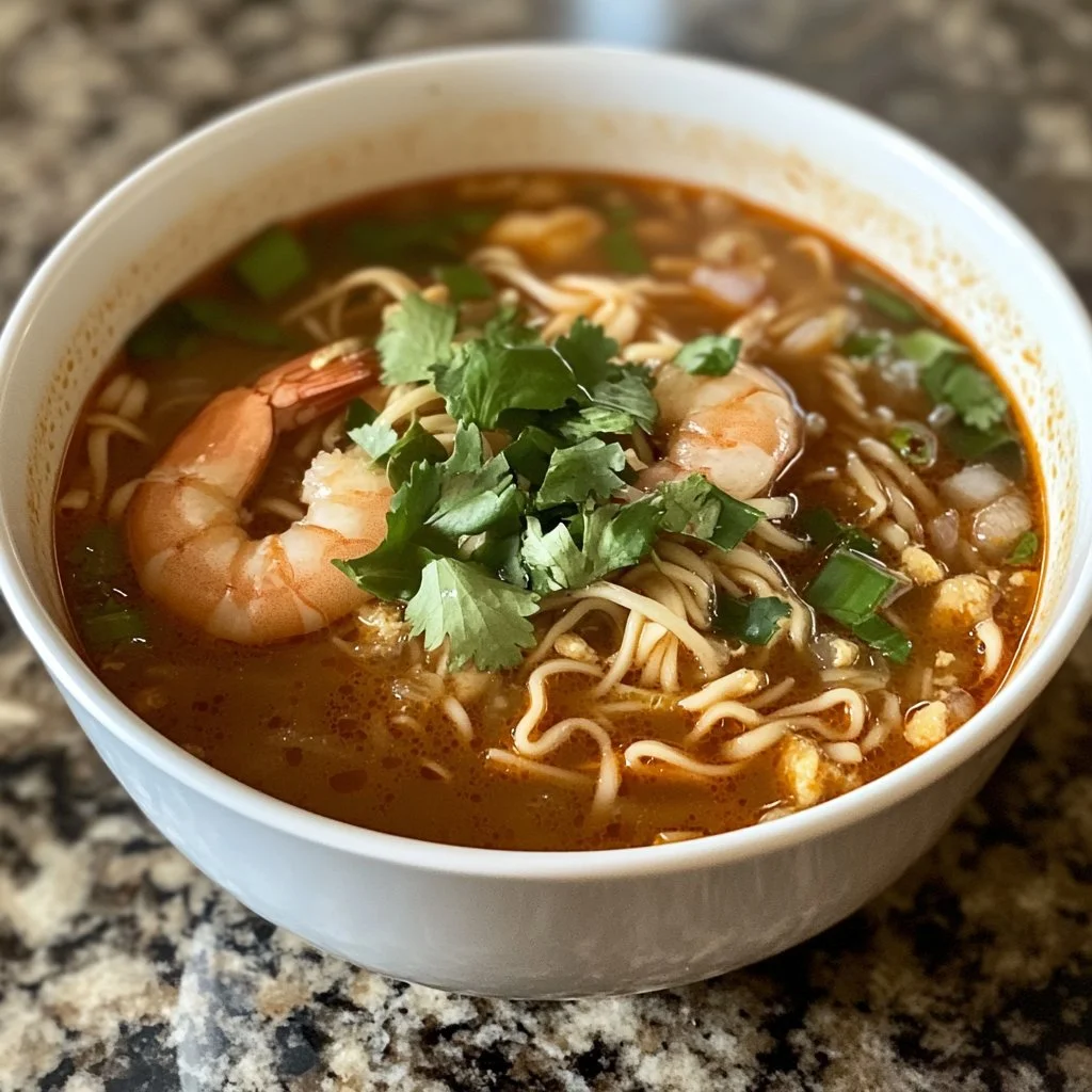 Bowl of flavorful Thai Noodle Soup garnished with herbs and lime.