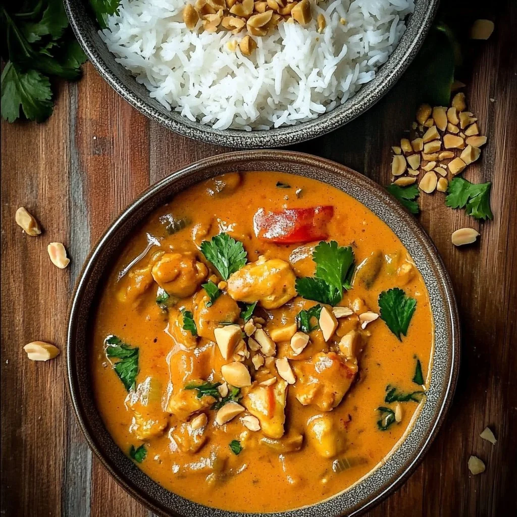 Bowl of delicious Thai Peanut Curry with vegetables and rice