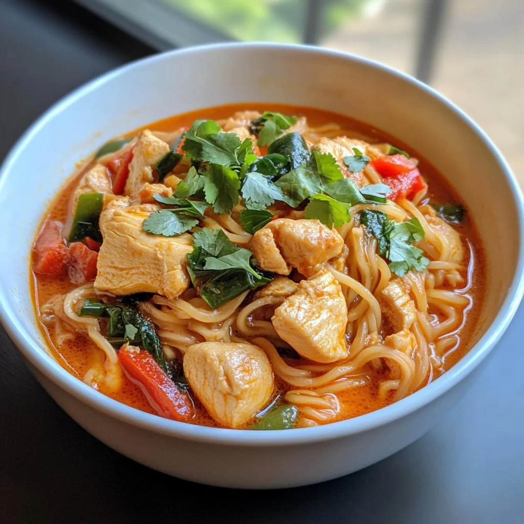 Delicious Thai red curry noodles with chicken served in a bowl
