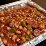 Delicious loaded baked beans served in a bowl with toppings.