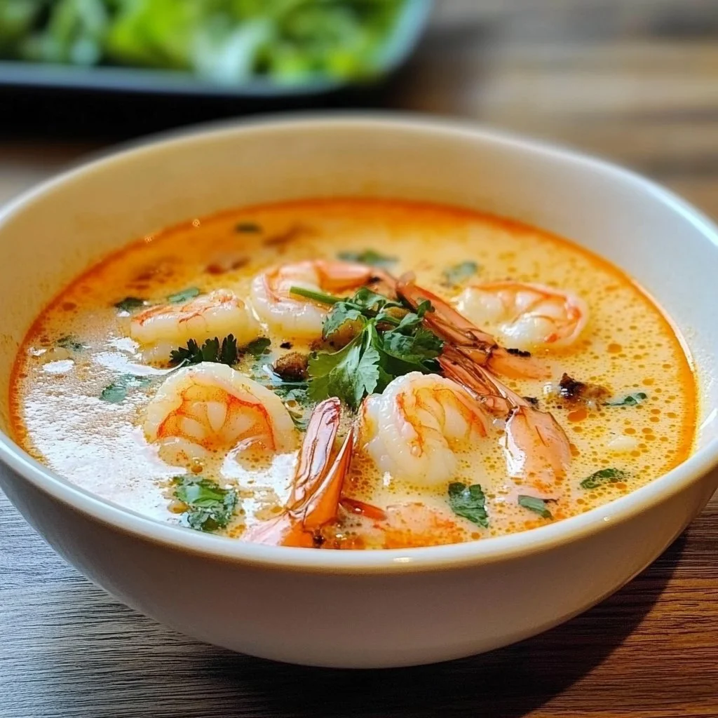 Bowl of delicious Thai Coconut Soup garnished with herbs and spices