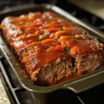 Delicious homemade meatloaf served with mashed potatoes and green beans