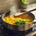 Delicious vegetable coconut rice served in a bowl with fresh vegetables and herbs.