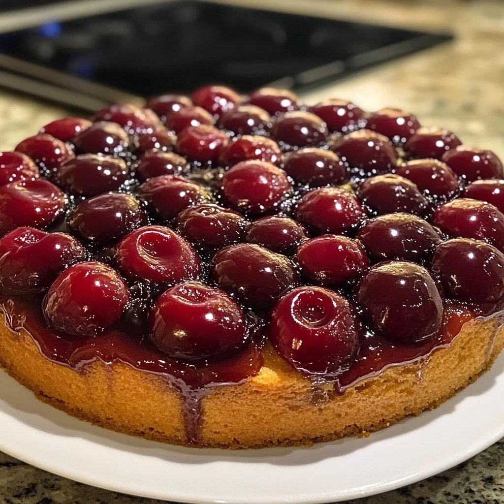 Slice of Washington cherry upside-down cake with fresh cherries on top