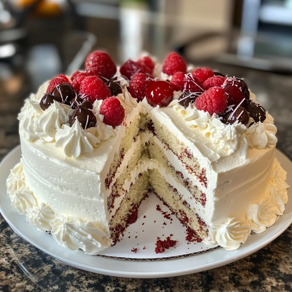 Delicious White Forest Cake with whipped cream and cherries on top