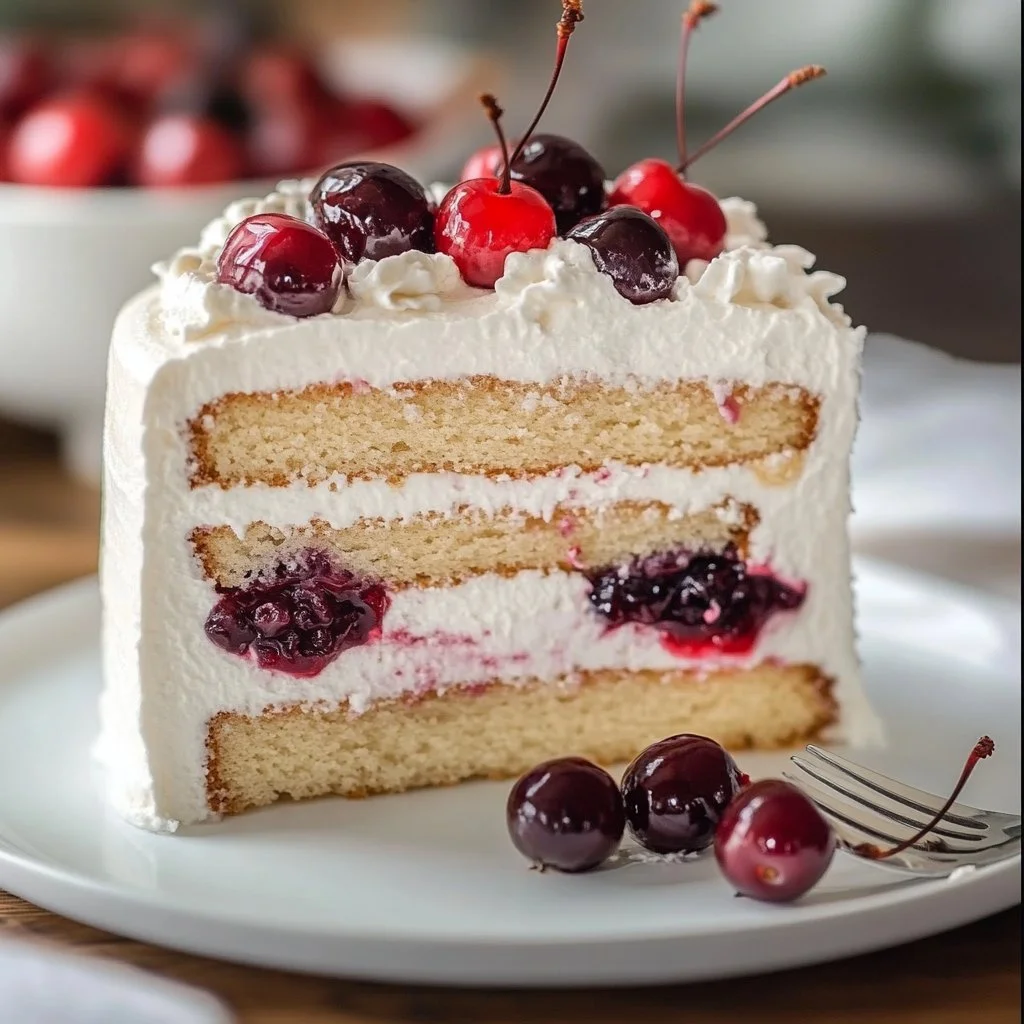 White Forest Celebration Cake decorated with cherries and whipped cream