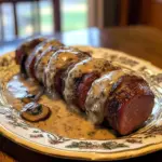 Delicious bacon-wrapped venison backstrap served with mushroom cream sauce