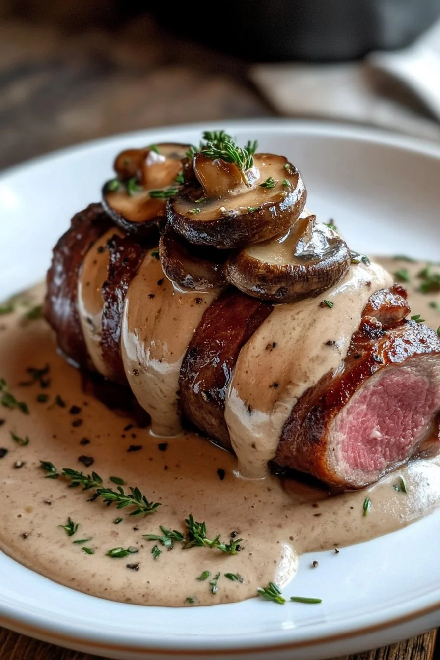 Bacon-Wrapped Venison Backstrap with Mushroom Cream Sauce