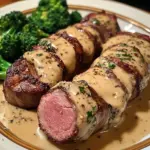 Bacon-Wrapped Venison Tenderloin served with Garlic Cream Sauce