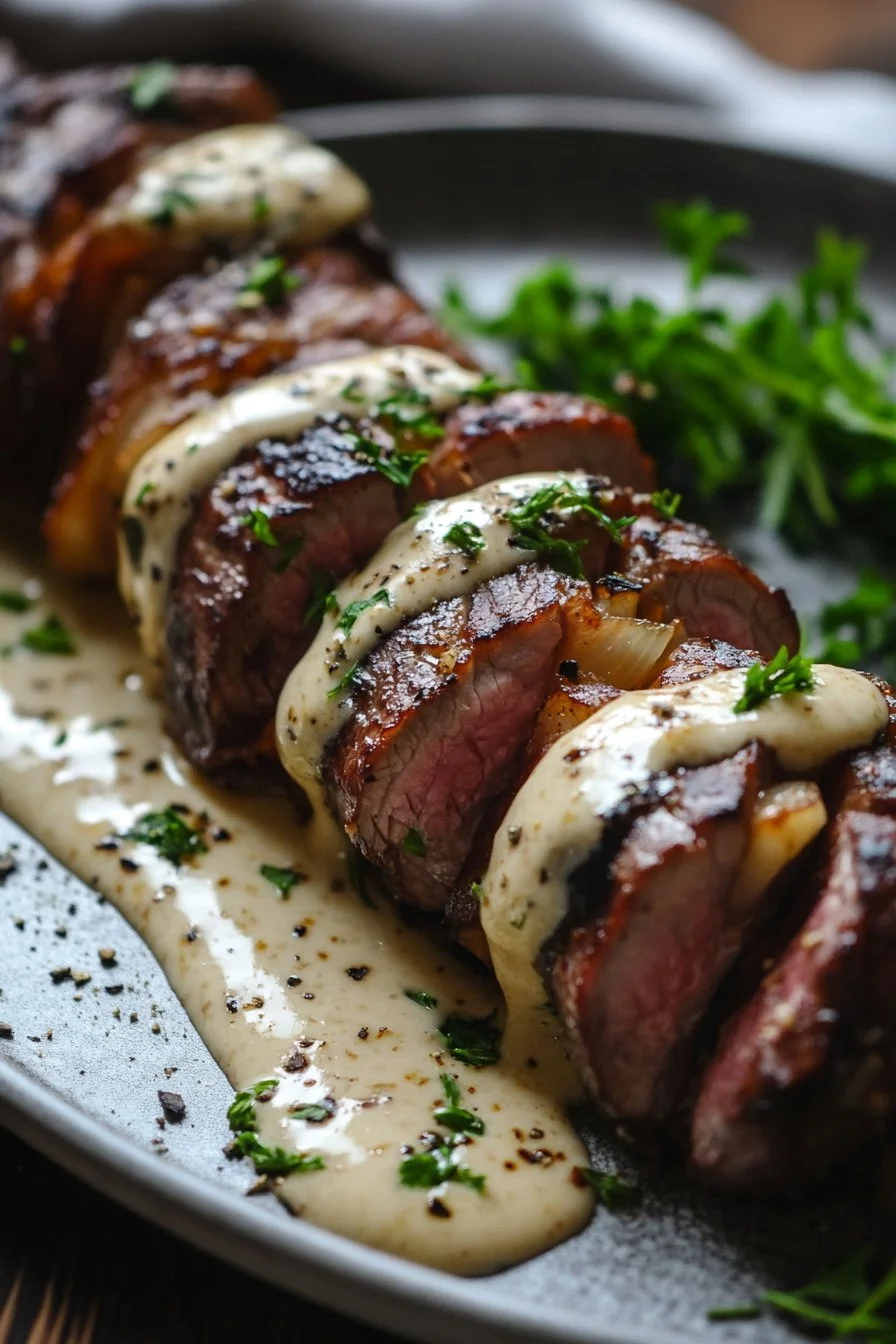 Bacon-Wrapped Venison Tenderloin with Garlic Cream Sauce