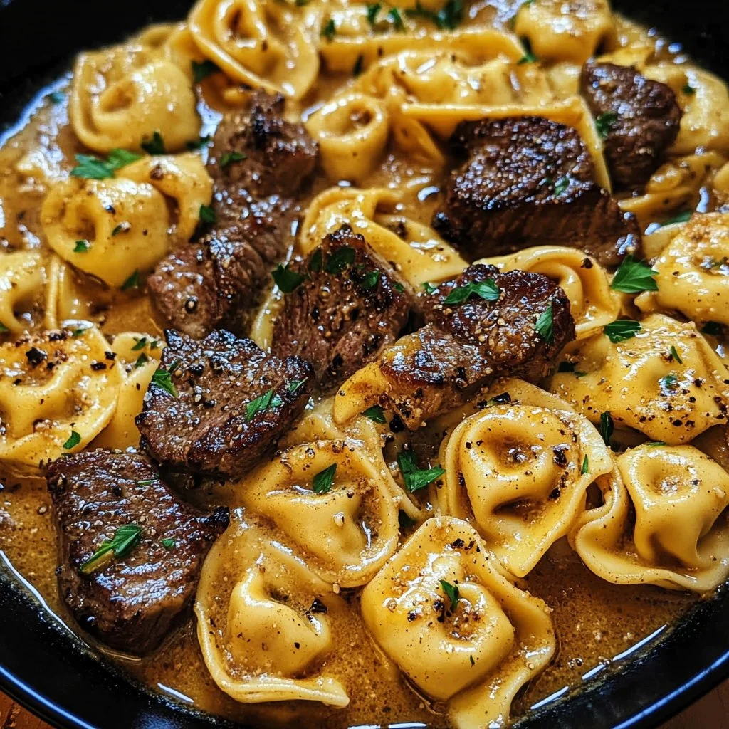 Delicious garlic steak tortellini served in creamy sauce