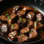 Creamy steak bites with a rich sauce served in a skillet