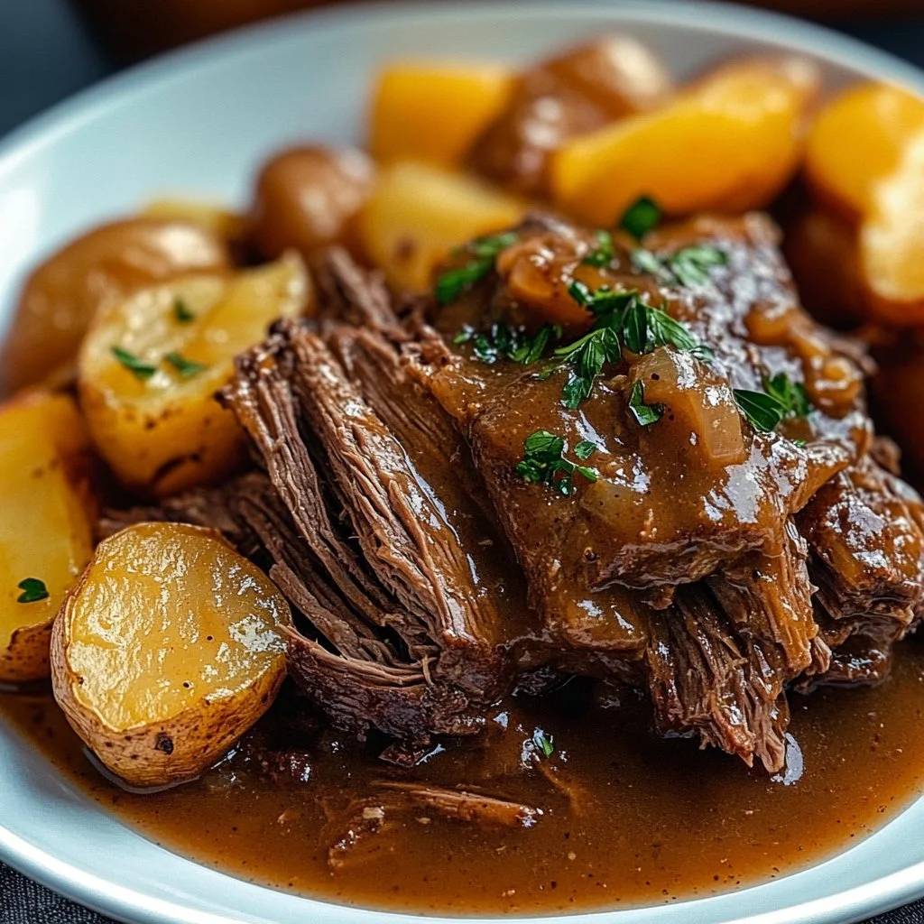 Crockpot pot roast with rich gravy served on a plate.
