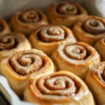 Easiest sourdough discard cinnamon rolls drizzled with icing on a plate