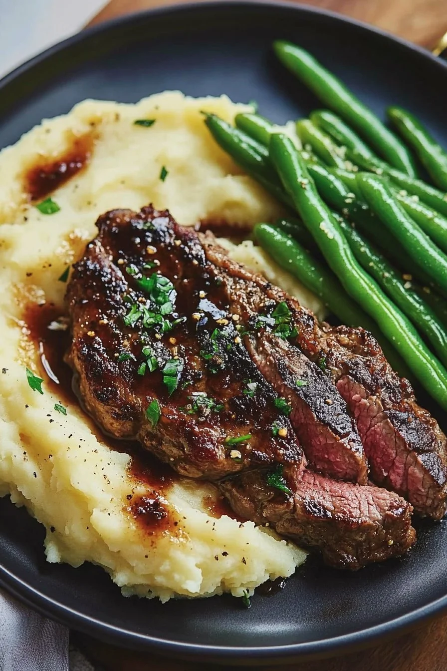 Easy Gourmet Steak with Mashed Potatoes and Green Beans