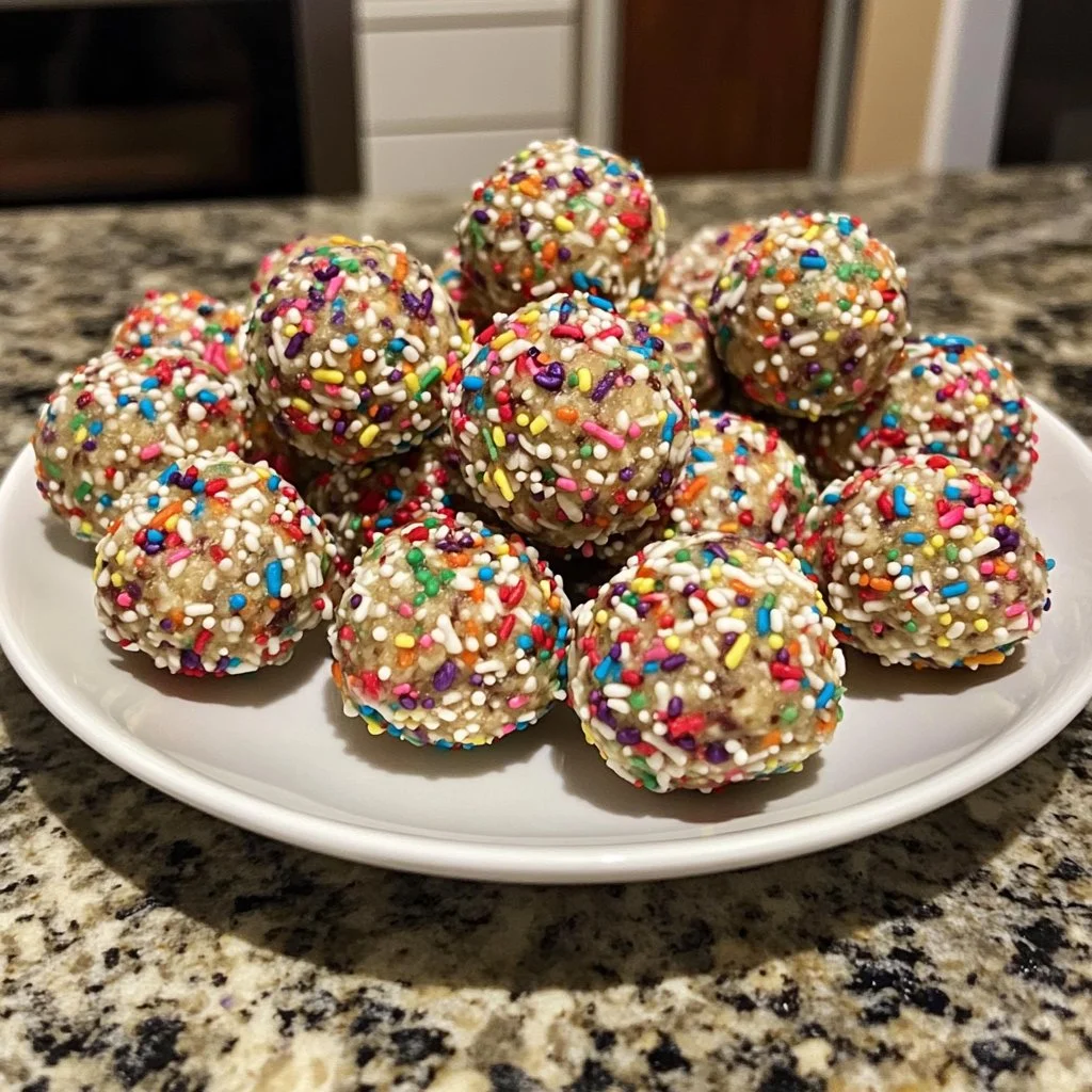 Easy no-bake birthday cake protein balls recipe for a healthy snack