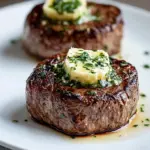 Delicious Filet Mignon topped with Garlic Herb Butter served on a plate