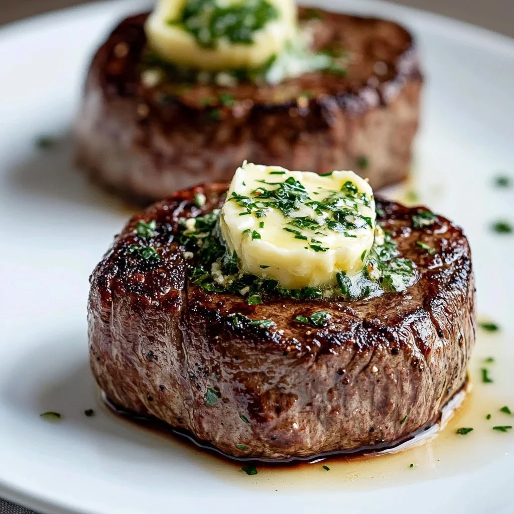 Delicious Filet Mignon topped with Garlic Herb Butter served on a plate