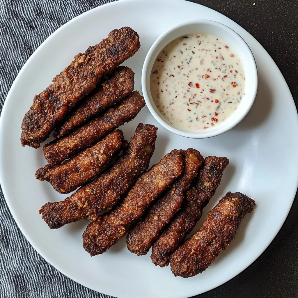 Fried venison cube steak fingers served with a dipping sauce on a plate.