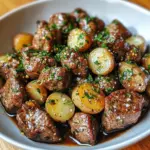 Garlic butter beef bites served with baby potatoes on a plate