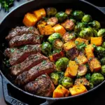 Garlic butter steak served with roasted Brussels sprouts and sweet potatoes