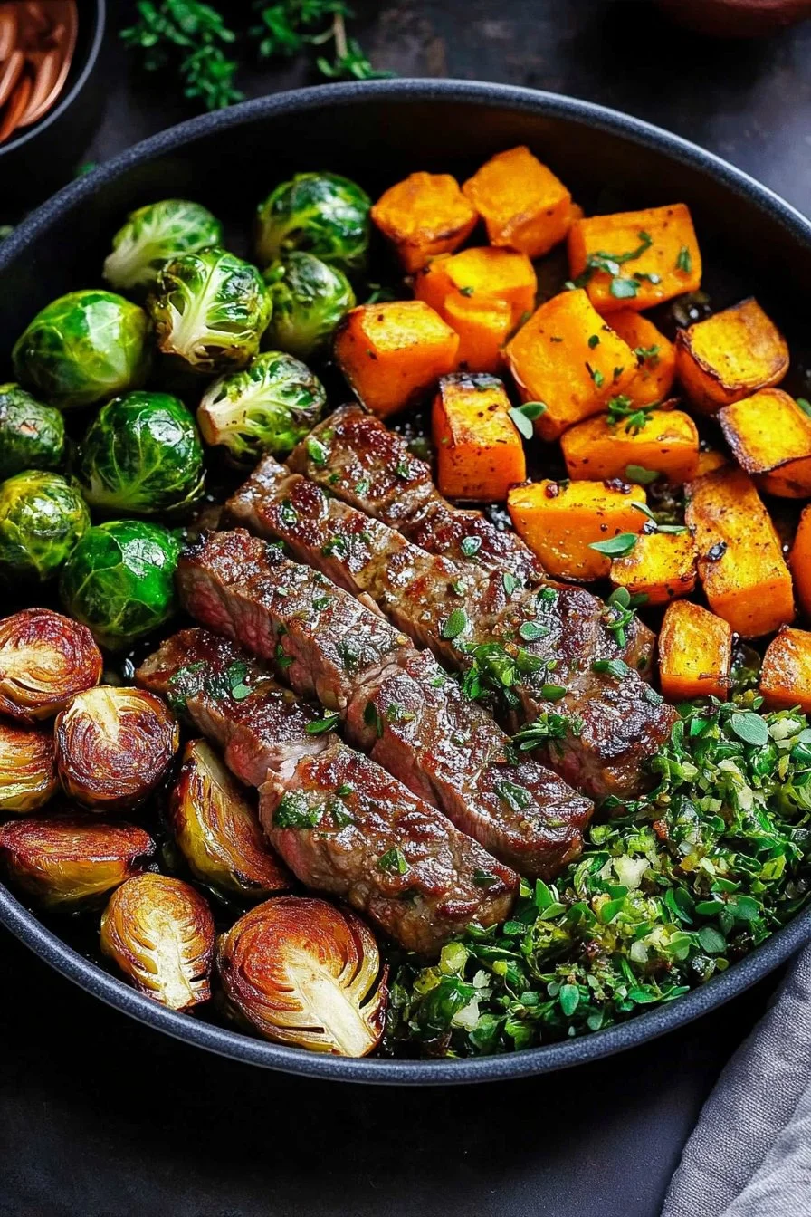 Garlic Butter Steak with Brussels Sprouts and Sweet Potatoes