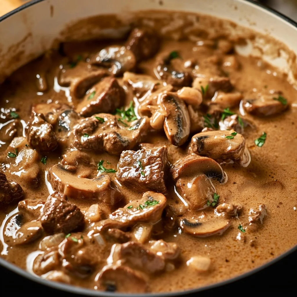 Delicious plate of Gordon Ramsay's beef stroganoff with pasta and garnishes.