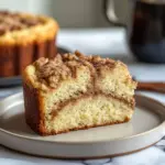 Irresistible sourdough coffee cake on a plate with a coffee cup