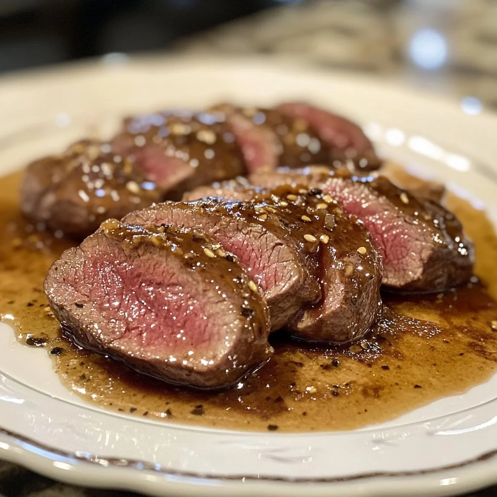 Maple glazed venison tenderloin served on a rustic platter with herbs