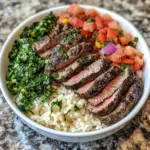 Mediterranean steak bowl with fresh veggies and flavorful dressing