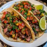 Delicious Mexican steak tacos served with fresh toppings and salsa