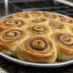 Freshly baked no-knead sourdough cinnamon rolls with cinnamon filling.