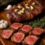 Oven cooked ribeye steak served with roasted tomatoes on a plate