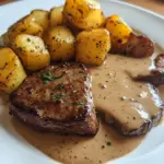 Delicious peppercorn sauce drizzled over a perfectly cooked steak