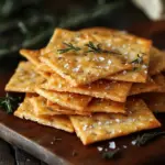 Rosemary sea salt sourdough crackers served on a wooden board.