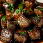 Deliciously seasoned savory steak bites on a plate with fresh herbs