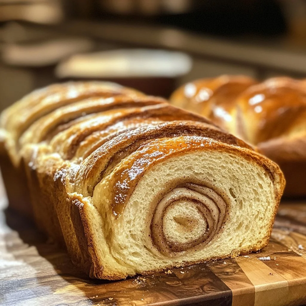 Freshly baked sourdough cinnamon sugar bread on a wooden cutting board