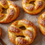Homemade sourdough discard soft pretzels topped with coarse salt