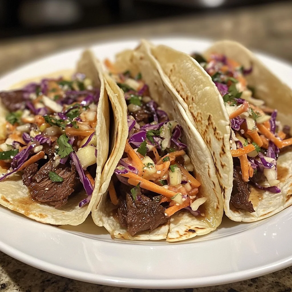 Delicious venison shank tacos topped with apple slaw on a rustic wooden table.