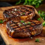 Juicy venison steak cooked to perfection served with herbs and vegetables