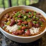 A bowl of authentic Louisiana Red Beans and Rice garnished with green onions