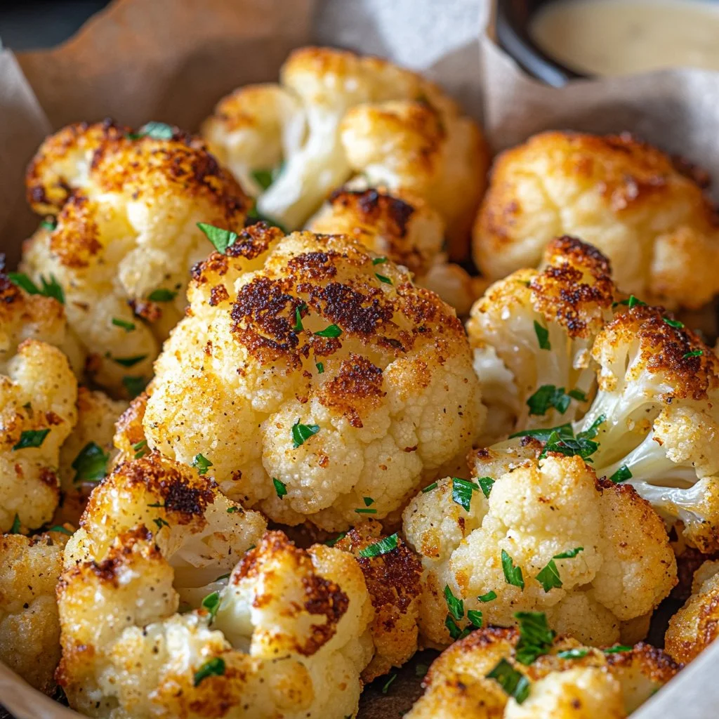 Baked cauliflower dish garnished with herbs and spices