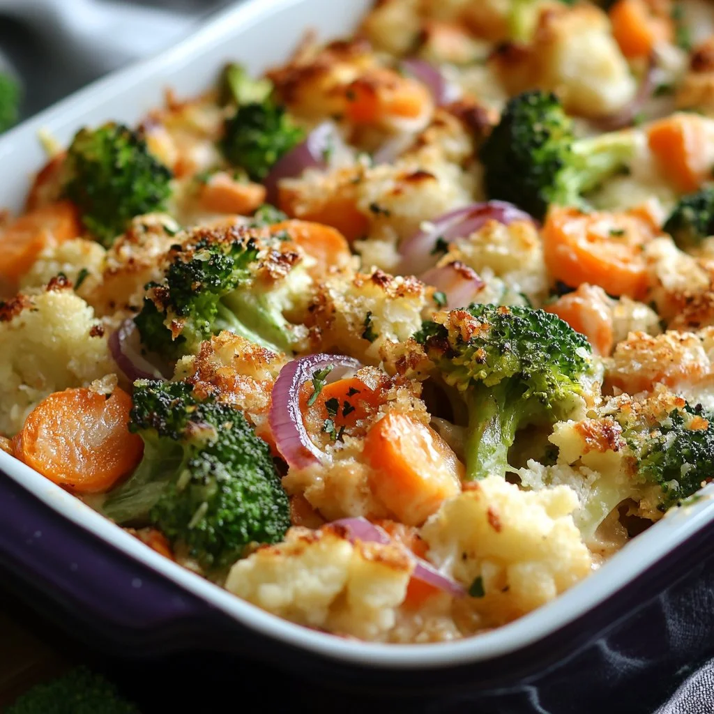 Colorful baked vegetable medley with seasonal vegetables in a dish